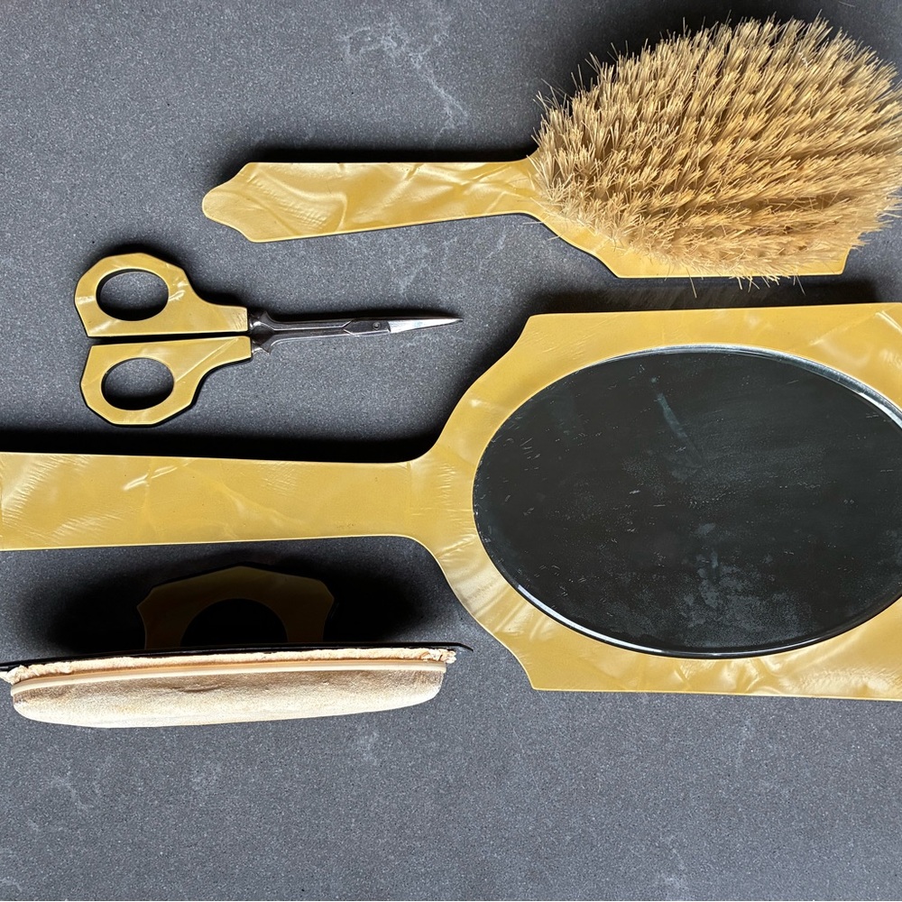 RARE Vintage 1930 Art Deco Vanity Set With Mirror, Brush, Scissors & Nail Buff